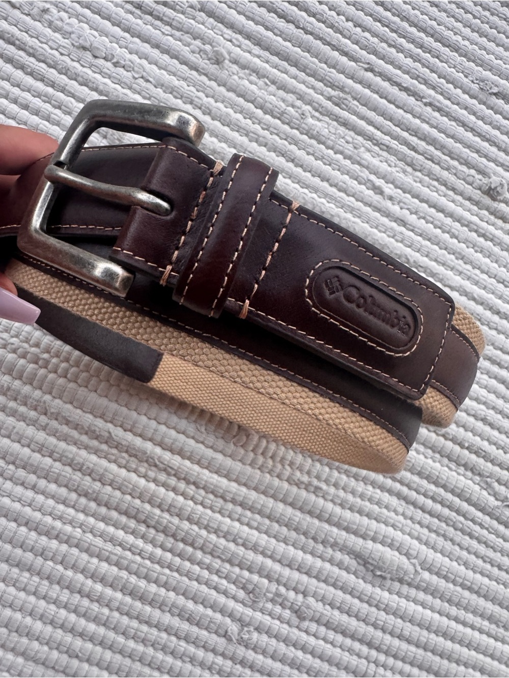Columbia Genuine Leather & Canvas Belt Brown Tan Size 36/90 - Picture 3 of 12